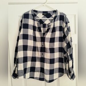 J Crew Blue and White Buffalo Check Button Front Top